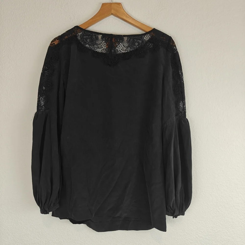 Tory Burch Black Silk Lantern Sleeve Blouse | Lace Neckline Romantic Boho Top 6